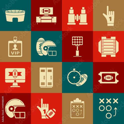Set Planning strategy concept, American Football ticket, football field, Binoculars, and helmet, VIP badge, stadium and Bright lights icon. Vector