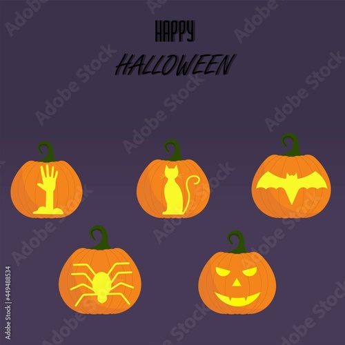 Vector illustration of a set of Halloween pumpkins with different drawings.