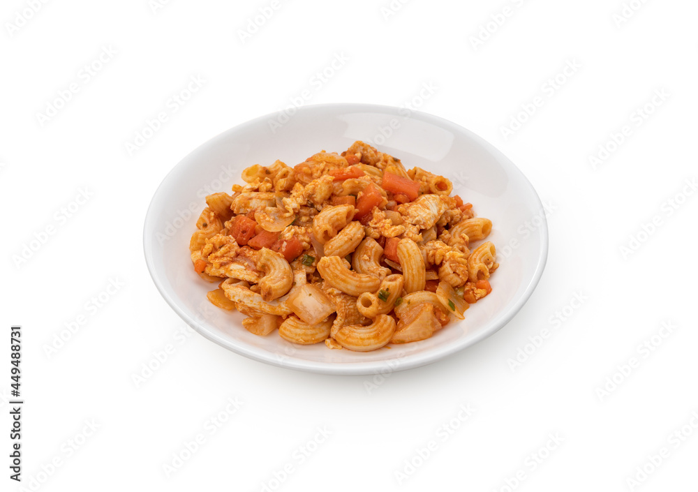 Macaroni with tomato sauce on white plate on isolated Macaroni with tomato sauce on white plate on isolated