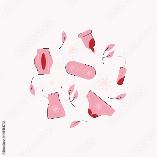 Vector illustration with set of eco friendly personal hygiene products during menstruation.