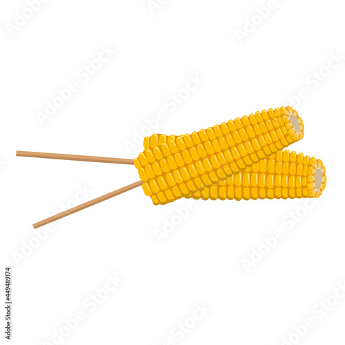 Corn cobs on a stick. Summer and autumn harvest, delicious prepared food. Source of vitamins, quick preparation