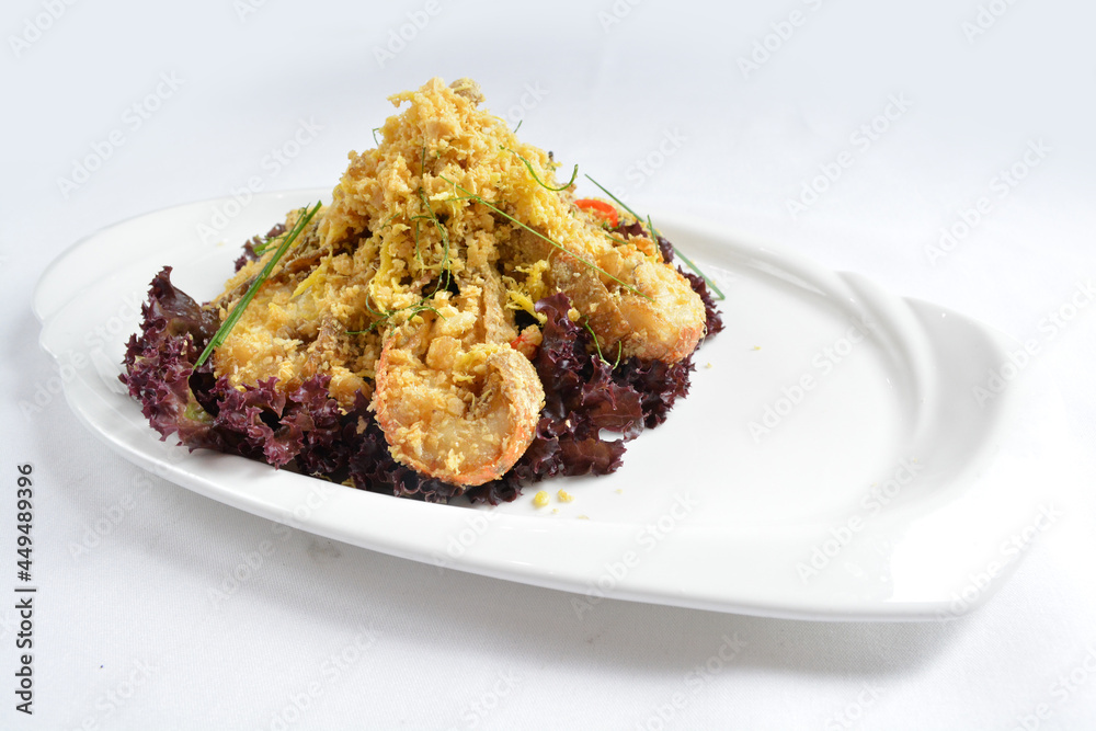 stir fried crayfish prawn seafood with butter spicy cereal milk sauce taste in white background asian halal seafood menu stir fried crayfish prawn seafood with butter spicy cereal milk sauce taste in white background asian halal seafood menu