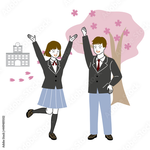 桜の樹の下で喜ぶ学生の男女二人のベクターイラスト