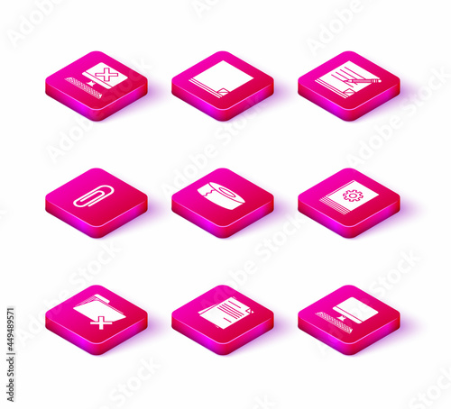 Set Delete folder, File document, Paper clip, Scotch, Computer monitor with keyboard, User manual, Blank notebook and pencil eraser and icon. Vector