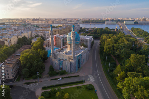Old cathedral mosque in the cityscape on a warm July morning (aerial photography). St. Petersburg, Russia
