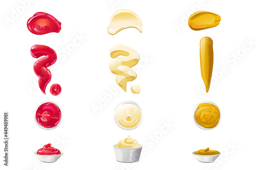 Ketchup, mayonnaise, mustard sauces splashes set. Realistic vector illustration isolated on white background.