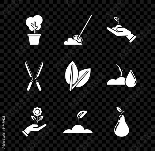 Set Tree in pot, Shovel the ground, Sprout hand of environmental protection, Hand holding flower, Pear, Gardening handmade scissors for trimming and Leafs icon. Vector
