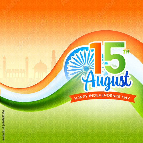 15th August, Independence Day Concept With India Flag Ribbon On Orange And Green Sacred Geometric Background.