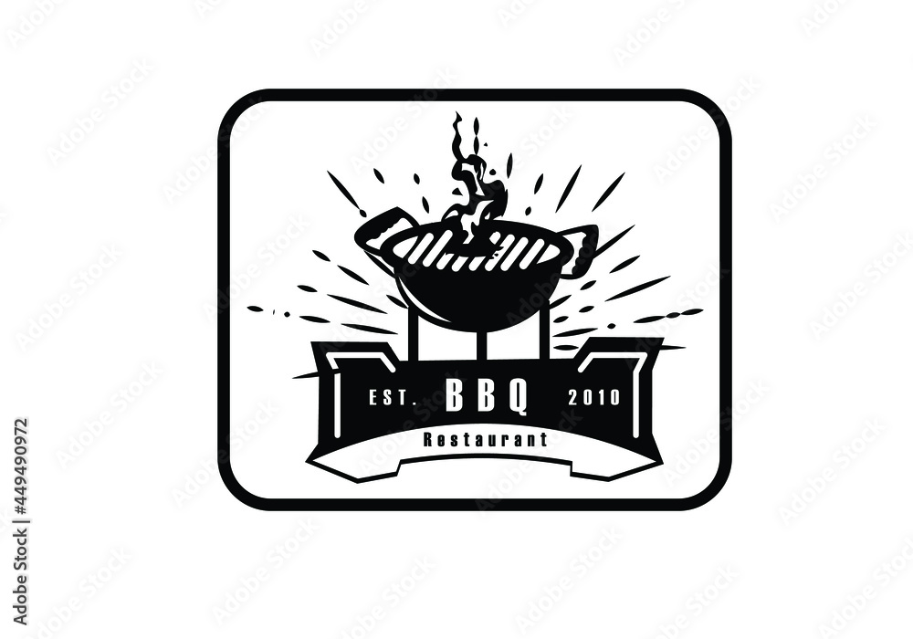 Vintage Grill Barbeque barbecue bbq with crossed fork and fire flame ...