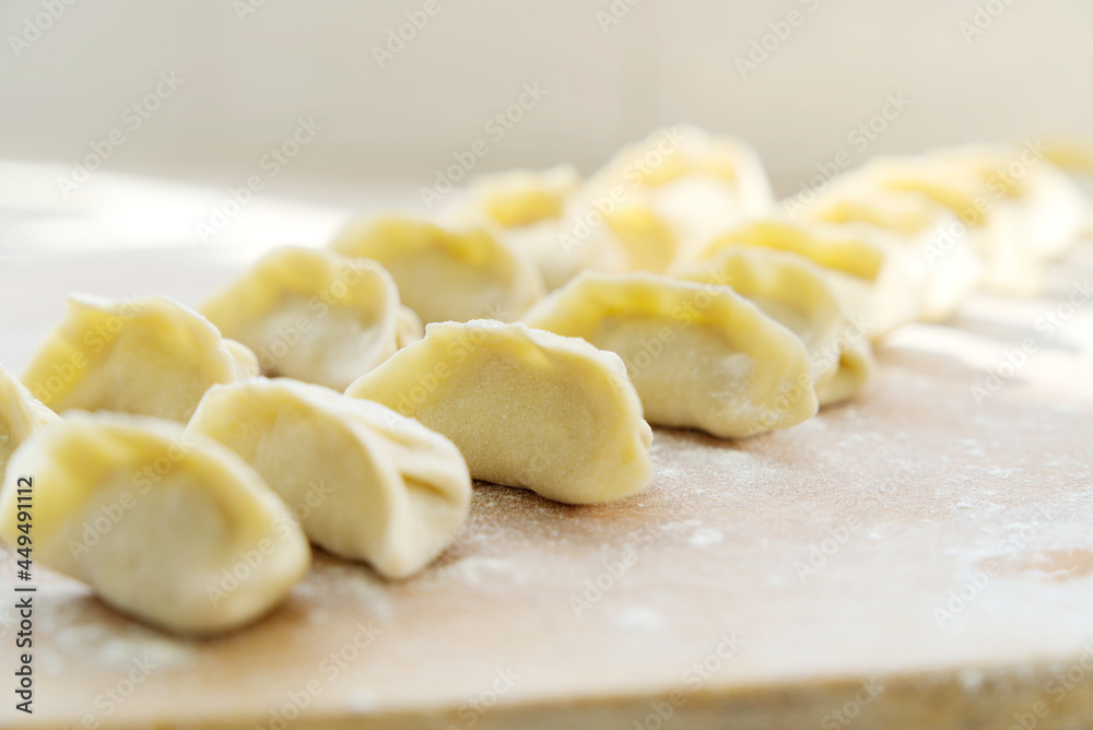 Close-up of uncooked dumplings, delicious traditional Chinese food, depth of field