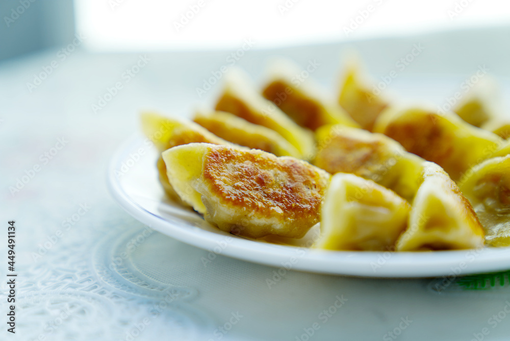 Close-up of pan fried dumplings on white plate, depth of field, white background Close-up of pan fried dumplings on white plate, depth of field, white background