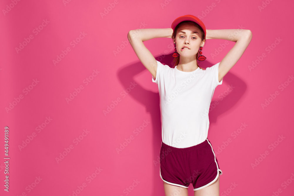 young woman trendy summer clothes posing studio pink background young woman trendy summer clothes posing studio pink background