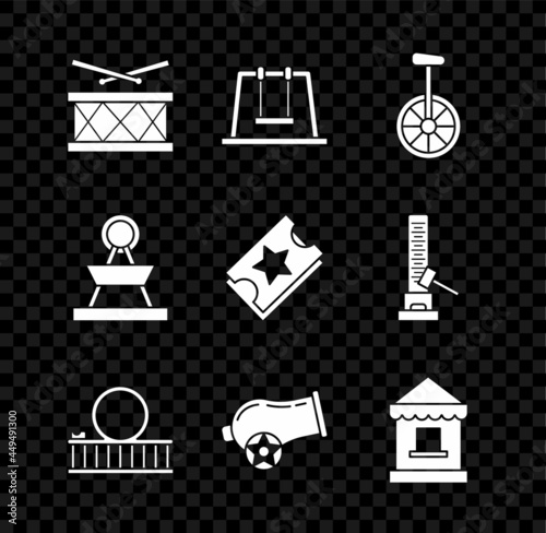 Set Drum with drum sticks, Swing, Unicycle or one wheel bicycle, Roller coaster, Cannon, Ticket box office, Attraction carousel and icon. Vector
