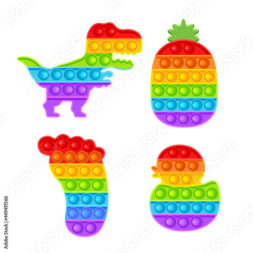 Pop It is a set of fidgets. Antistress. Toy icon, trendy toy. Dinosaur. Vector illustration isolated on white background.