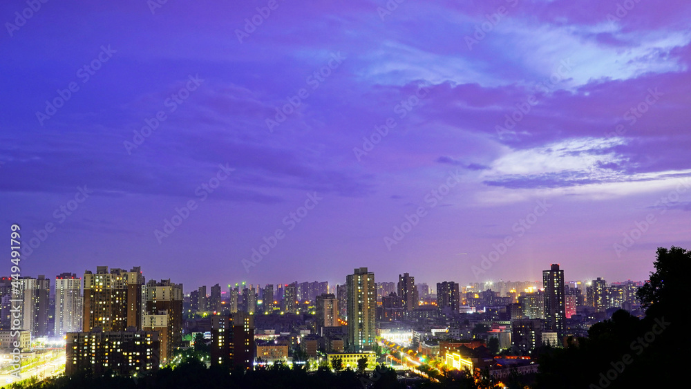 The bustling city is brightly lit, with purple night sky. Panoramic view