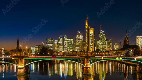 Skyscrapers and surrounding buildings by the Frankfurt am Main  Skyline by night  Germany