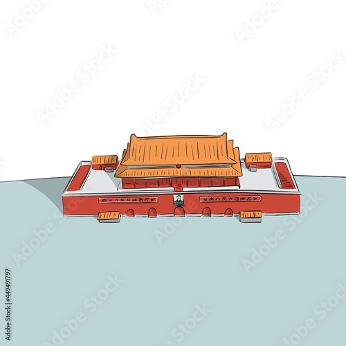forbidden city in beijing China hand drawn with black lines isolated on white background illustration vector