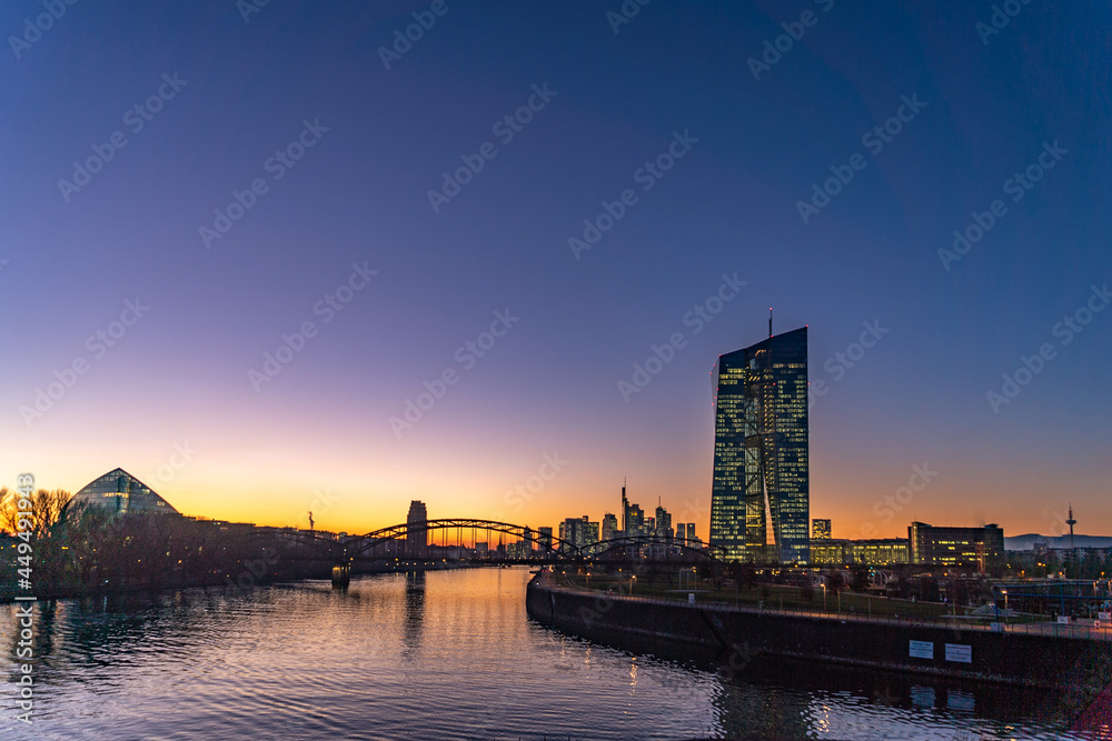 Skyline of Frankfurt, Germany; European Central Bank view am Main at sunset