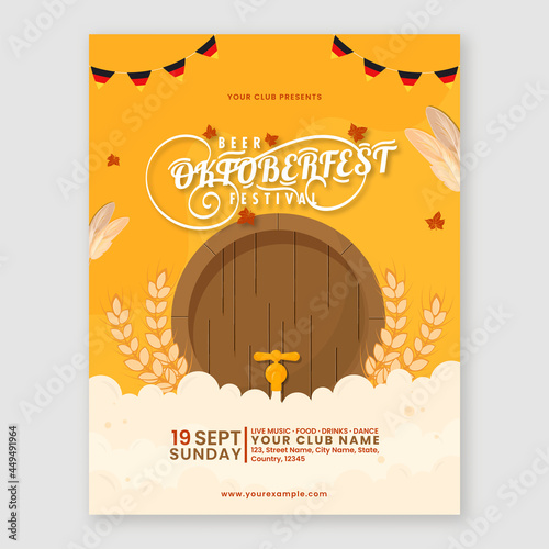 Oktoberfest Beer Festival Template Design With Front View Of Barrel Tap And Wheat Ears On Yellow Background.