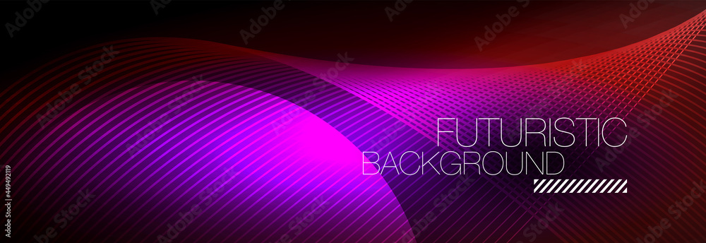 Abstract neon glowing light in the dark with waves. Shiny magic energy and motion concept, vector abstract wallpaper background Abstract neon glowing light in the dark with waves. Shiny magic energy and motion concept, vector abstract wallpaper background