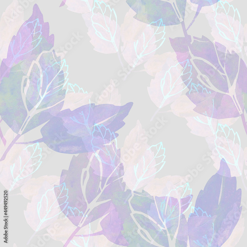 Watercolor, graphic leaves.Image on white and colored background.Seamless pattern.