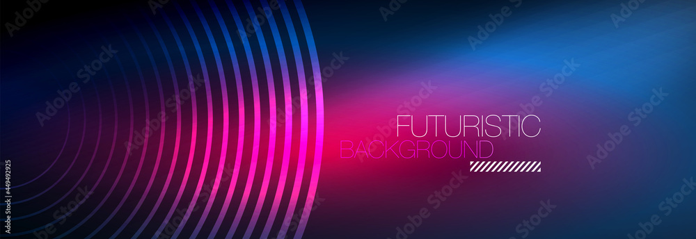 Dark abstract background with glowing neon circles. Trendy layout template for business or technology presentation, internet poster or web brochure cover, wallpaper