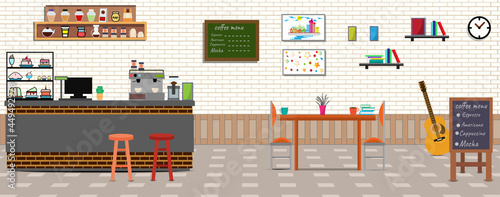 Coffee shop.Empty Cafe bar counter for serving coffee with cash box and menu board.sweet desserts,wooden counter, stools,sofas,Vector Coffee Shop and Cafe concept.