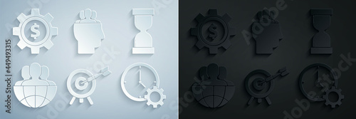 Set Target with arrow, Old hourglass flowing sand, Globe people, Time Management, Project team base and Gear dollar symbol icon. Vector