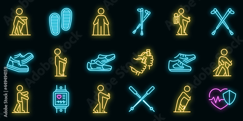 Nordic walking icons set. Outline set of nordic walking vector icons neon color on black