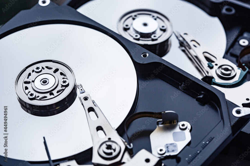 two open computer hard drives for repair. Data safety concept. two open computer hard drives for repair. Data safety concept.