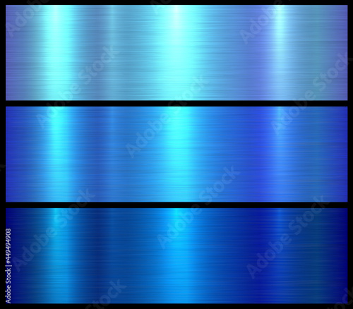 Metal textures set, shiny blue lustrous metallic backgrounds, brushed metal vector illustration.