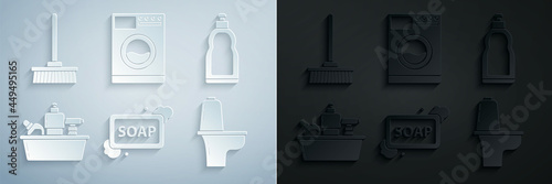 Set Bar of soap with foam, Plastic bottles for liquid dishwashing liquid, Toilet bowl, Washer and Mop icon. Vector