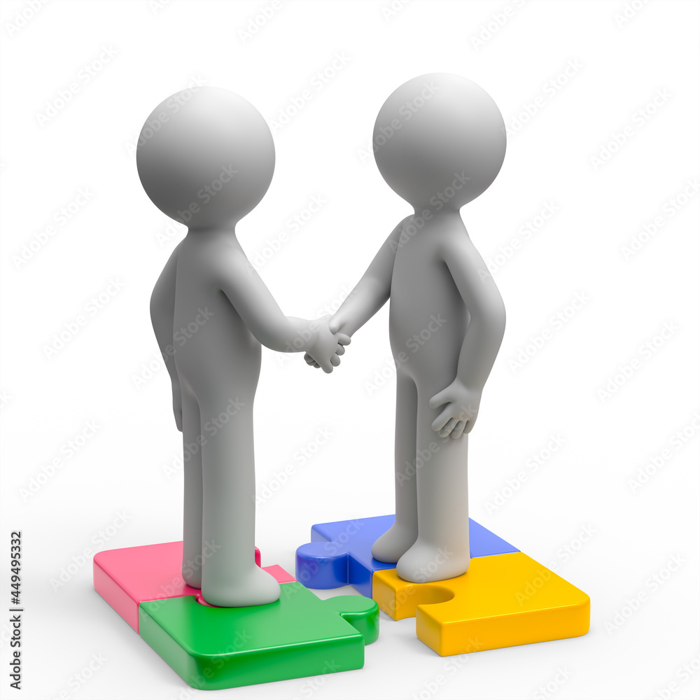 two 3d men shaking their hands standing on two puzzle pieces two 3d men shaking their hands standing on two puzzle pieces