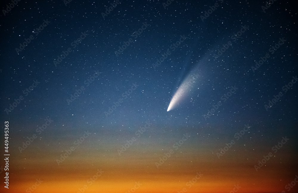 Wonderful view of starry sky and C/2020 F3 (NEOWISE) comet with light tail. - obrazy, fototapety, plakaty 