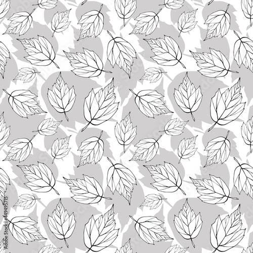 Falling leaves seamless pattern. Monochrome foliage boundless background. Black and white botanic endless texture. Leaves repeating surface design. Black, grey and white herbal backdrop.