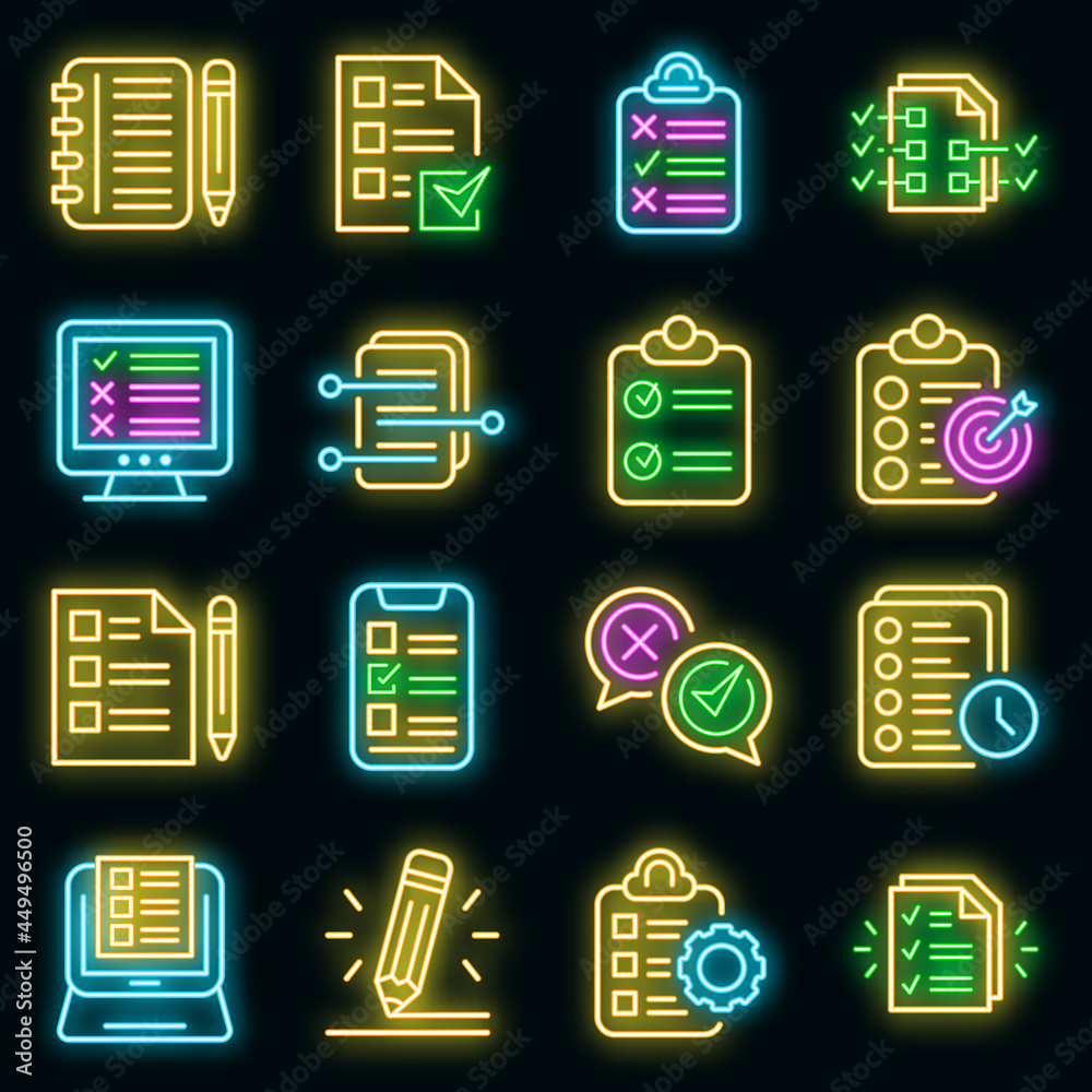 Assignment icons set. Outline set of assignment vector icons neon color on black Assignment icons set. Outline set of assignment vector icons neon color on black