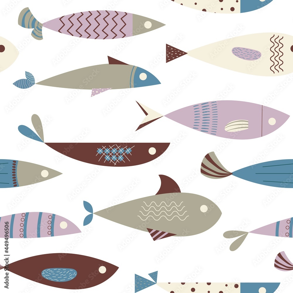 Seamless pattern of colored fish that swim in one direction. Fish, sea, ocean. Textiles, wallpaper, wrapping paper. Hand-drawn. Vector illustration.