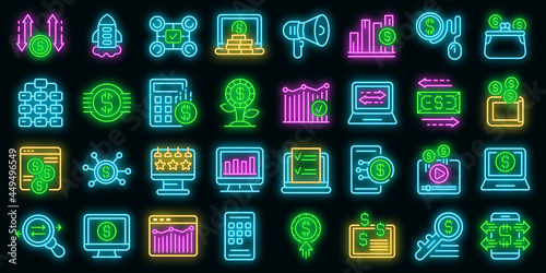 Monetization icons set. Outline set of monetization vector icons neon color on black