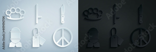 Set Military dog tag, knife, Aviation bomb, Peace, Police rubber baton and Brass knuckles icon. Vector