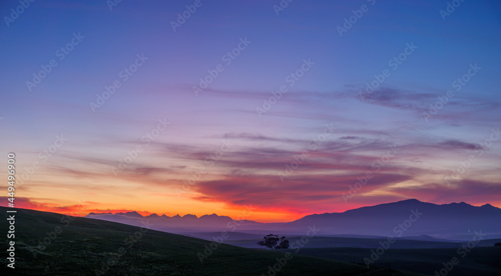 Dawn scene with the Riviersonderend Mountains in the backround. Near Botrivier (Bot River). Western Cape. South Africa
