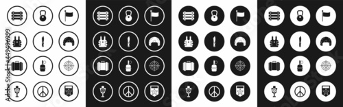 Set Flag, Military knife, Bulletproof vest for protection from bullets, ammunition box, helmet, Kettlebell, Target sport shooting competition and icon. Vector