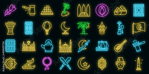 Istanbul icons set. Outline set of Istanbul vector icons neon color on black