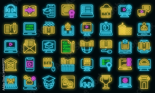 Distance education icons set. Outline set of distance education vector icons neon color on black