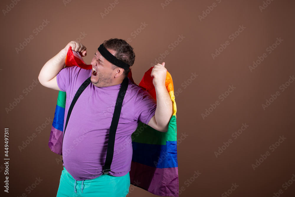 Retro style. Funny fat man with a gay flag. Retro style. Funny fat man with a gay flag.