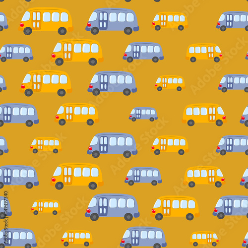Seamless pattern with cute bus, car on color background. Cartoot transport. Vector illustration. Doodle style. Design for baby print, invitation, poster, card, fabric, textile