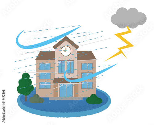 雷雨の被害に遭う学校のベクターイラスト