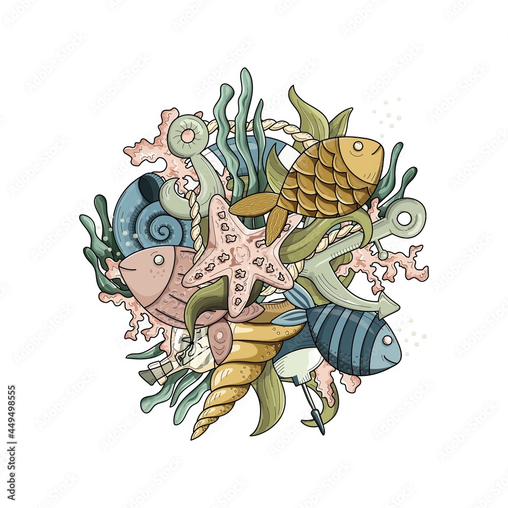 Marine hand drawn vector doodles illustration. Fish. Seabed flora and fauna design elements. Colorful vector illustration isolated on white.