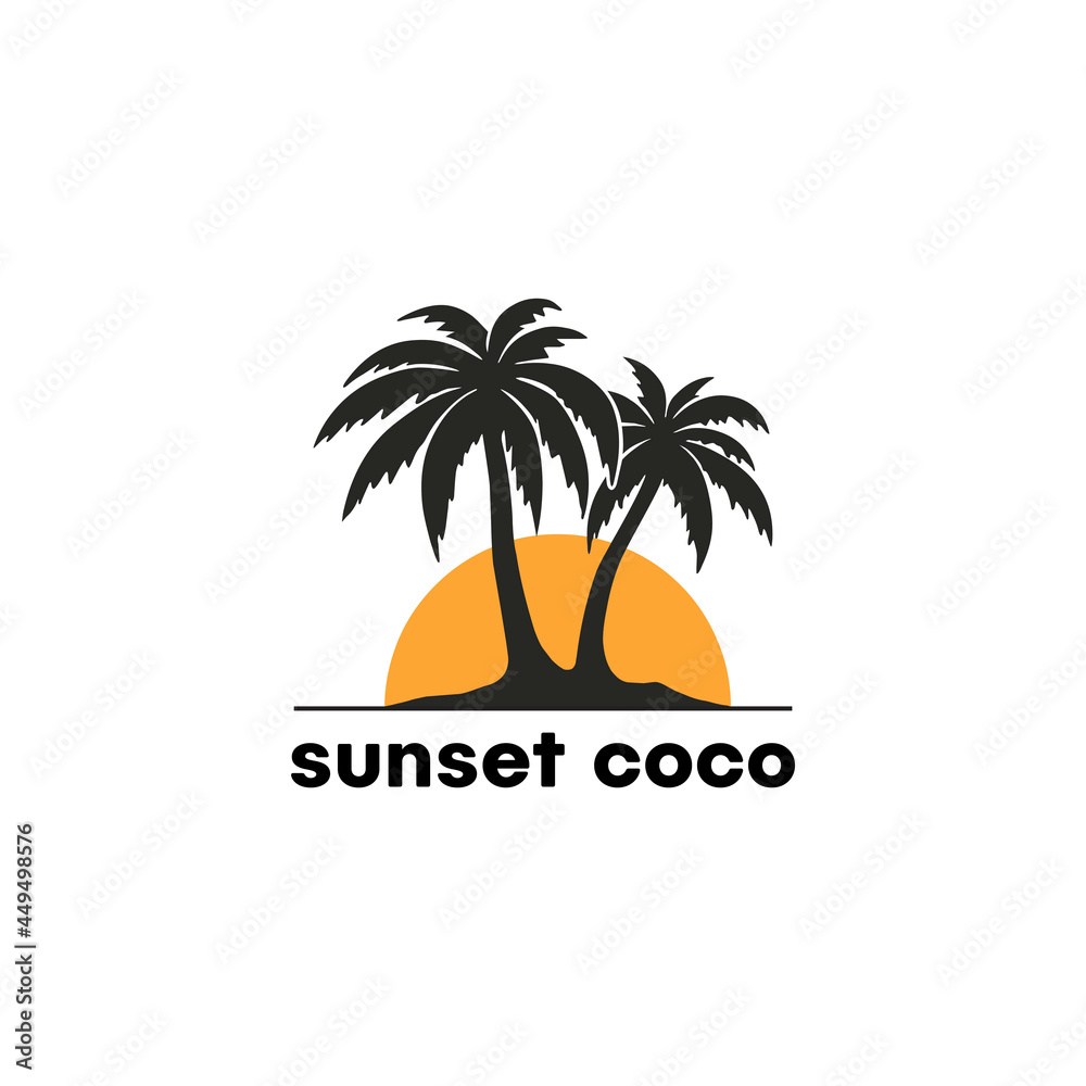 sunset on the beach with coconut tree icon shape