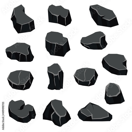 Set of black coals in various shapes, graphite coal of mountain in isometric collection