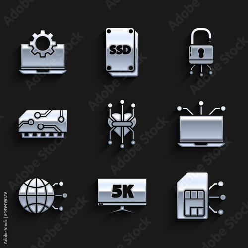 Set Processor, Monitor display with 5k video, Sim card, Laptop, Global technology social network, RAM, random access memory, Lock digital circuit board and gear icon. Vector